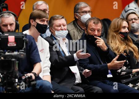 (L to R) Russian Basketball Federation (RBF) President Andrey Kirilenko, Sergey Ivanov and Sergey Kushchenko attend the FIBA Basketball World Cup 2023 Qualifying Tournament match between Russia and Italy on November 26, 2021 at Yubileyny Sports Palace in Saint Petersburg, Russia. (Photo by Mike Kireev/NurPhoto) Stock Photo