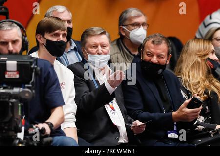 (L to R) Russian Basketball Federation (RBF) President Andrey Kirilenko, Sergey Ivanov and Sergey Kushchenko attend the FIBA Basketball World Cup 2023 Qualifying Tournament match between Russia and Italy on November 26, 2021 at Yubileyny Sports Palace in Saint Petersburg, Russia. (Photo by Mike Kireev/NurPhoto) Stock Photo