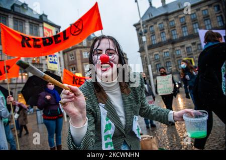 A clown representing the greenwashing practices carried out by fashion brands, is pretending painting with green paint, during a mocking Fast fashion parade organized by XR, against Black Friday in Amsterdam, on November 27th, 2021. (Photo by Romy Arroyo Fernandez/NurPhoto) Stock Photo