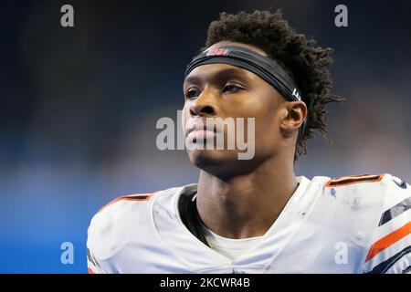 October 03, 2021: Chicago, Illinois, U.S. - Bears #11 Darnell Mooney  catches the ball before the NFL Game between the Detroit Lions and Chicago  Bears at Soldier Field in Chicago, IL. Photographer: