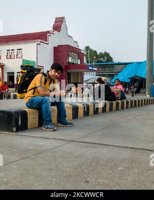 July 4th 2022 Haridwar India. A man with a backpack waiting for the train at the Haridwar railway Station. Stock Photo