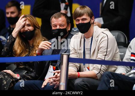 Russian Basketball Federation (RBF) President Andrey Kirilenko (R) and Sergey Kushchenko share a laughter as they attend the FIBA Basketball World Cup 2023 Qualifying Tournament match between Russia and Iceland on November 29, 2021 at Yubileyny Sports Palace in Saint Petersburg, Russia. (Photo by Mike Kireev/NurPhoto) Stock Photo