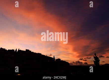 Comares, skyline at dusk in the Axarquia region of Malaga, Andalucia, Spain Stock Photo