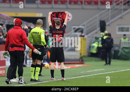 Alexis Saelemaekers of AC Milan celebrates after scoring a goal with Simon Kjaer of AC Milan jersey during the Serie A 2021/22 football match between AC Milan and US Salernitana 1919 at Giuseppe Meazza Stadium, Milan, Italy on December 04, 2021 (Photo by Fabrizio Carabelli/LiveMedia/NurPhoto) Stock Photo