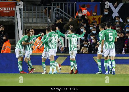 07 Juanmi Jimenez of Real Betis Balompie celebrates a goal with teammates during the La Liga Santander match between FC Barcelona and Real Betis Balompie at Camp Nou Stadium on December 04, 2021 in Barcelona, Spain. (Photo by Xavier Bonilla/NurPhoto) Stock Photo