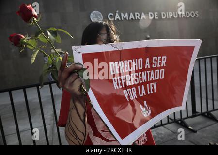 Activist from Direct Action Everywhere Mexico City, holds a sign and roses while demonstrating outside the Chamber of Deputies in Mexico City against exploitation in the animal industry and in favour of Rose's Law during the COVID-19 health emergency in the capital. (Photo by Gerardo Vieyra/NurPhoto) Stock Photo