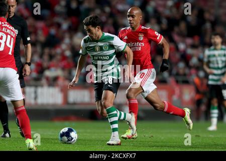 Pedro Goncalves of Sporting CP (L) vies with Joao Mario of SL Benfica during the Portuguese League football match between SL Benfica and Sporting CP at the Luz stadium in Lisbon, Portugal on December 3, 2021. (Photo by Pedro FiÃºza/NurPhoto) Stock Photo