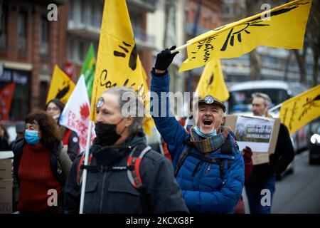 A protester reacts. Several organizations such as FNE (France Nature Environnement), the Lescout Collective (which fights against a mega farm of more than 200,000 chickens), the trade union Confederation Paysanne staged a march in Toulouse.They protest against the mandatory lockdown of poultry due to the avian flu epizootic disease by the French government. Protesters explained the flu is more contagious in intensive farming than in extensive farming. They also claim this mandatory lockdown will kill extensive farming of poultry. They explained in an open air market the reasons of the protest  Stock Photo