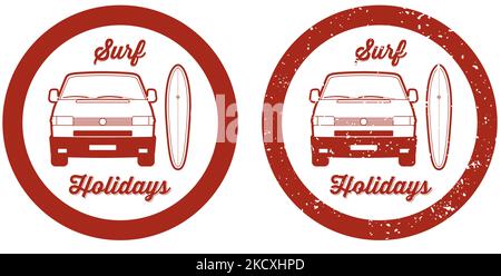 An old German camper van with a surfboard Stock Vector