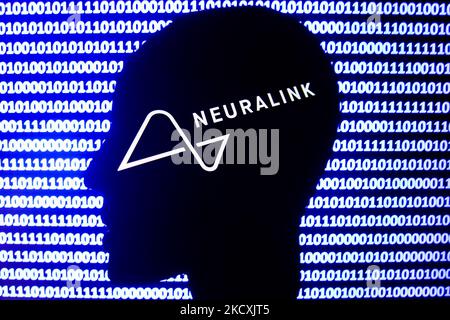 Neuralink logo displayed on a phone screen, a silhouette of a paper in shape of a human face and a binary code displayed on a screen are seen in this multiple exposure illustration photo taken in Krakow, Poland on December 10, 2021. (Photo by Jakub Porzycki/NurPhoto) Stock Photo