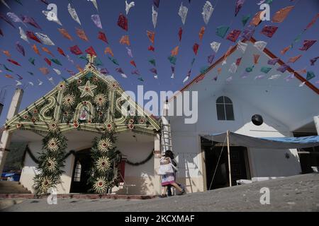 Panoramic view of the square where the Monumental Virgin of Guadalupe is located in the Sierra Norte de Xicotepec de Juárez Puebla, Mexico, on the occasion of the celebration of the Day of the Virgin of Guadalupe in the country. (Photo by Gerardo Vieyra/NurPhoto) Stock Photo