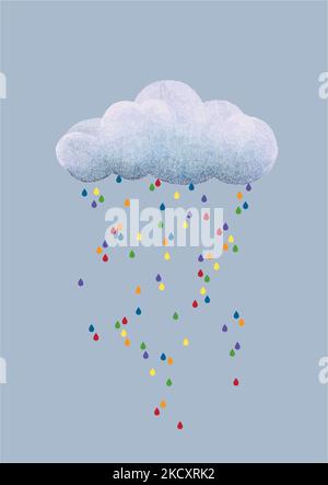 illustration: single cloud pouring colourful rain Stock Vector