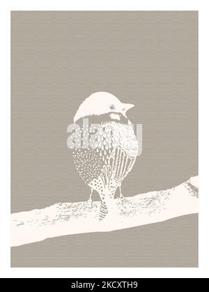illustration: patterned mono sparrow on a branch on canvas Stock Vector