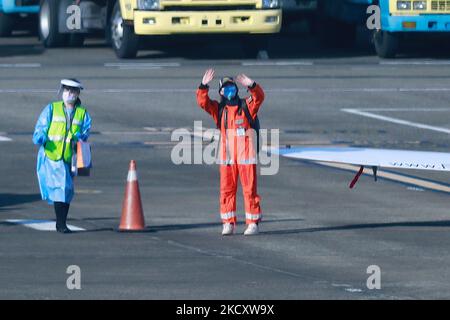 The 19-year-old British-Belgian pilot Zara Rutherford waves to the media, after landing at Song Shan International Airport in Taiwan, in Taipei, Taiwan, 14 December 2021. Zara Rutherford attempts to become the youngest woman to fly solo around the world and be the first Belgian and the first woman to circumnavigate the world in a single engine aircraft by traveling to 52 countries across 5 continents, including the US, UK, South Korea, India and Taiwan, in order to break the Guinness World Records. (Photo by Ceng Shou Yi/NurPhoto) Stock Photo