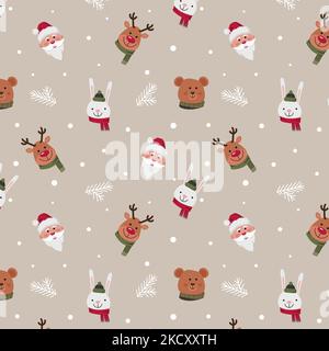 funny christmas pattern cartoon deer santa claus hare and bear Stock Vector
