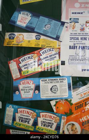 Vintage baby food labels (such as lamb brains with macaroni, creamed tripe, etc.) on display at the Heinz museum in the town of Leamington in Ontario, Canada, on August 31, 2007. Leamington has grown around the Heinz tomato ketchup factory and revolves around tomato farming and production. (Photo by Creative Touch Imaging Ltd./NurPhoto) Stock Photo