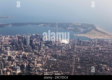 Aerial view of the city of Toronto in Ontario, Ontario, Canada, on August 26, 2012. Shown here along with the downtown skyscrapers are the notable landmarks of the CN Tower and Skydome Stadium. (Photo by Creative Touch Imaging Ltd./NurPhoto) Stock Photo