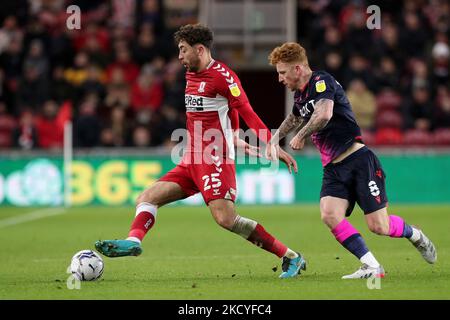 Matt Crooks of Middlesbrough in action with Nottingham Forest's Jack Colback during the Sky Bet Championship match between Middlesbrough and Nottingham Forest at the Riverside Stadium, Middlesbrough on Sunday 26th December 2021.(Photo by Mark Fletcher /MI News/NurPhoto) Stock Photo