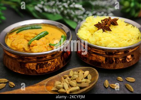 Goan style prawn curry with saffron spiced rice in Toronto, Ontario, Canada, on December 26, 2021. These dishes hail from Goa, India and are rich in flavors and spices. (Photo by Creative Touch Imaging Ltd./NurPhoto) Stock Photo