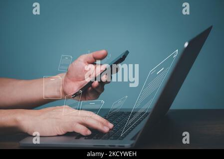 Document management system concept, business man using computer online holding folder and document icon software, searching and managing files online Stock Photo