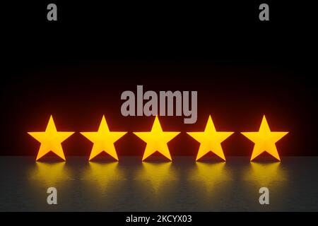 Five glowing golden stars standing on dark  background with reflections, 3d render Stock Photo