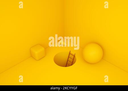 geometric elements in the yellow room, minimalist background, 3d render Stock Photo