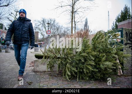 People started to put their Christmas trees on the street next to the local rubbish container, or in the spot where they usually place their personal rubbish bins for collection to the daily pick-up service arranged by the municipality, in Nijmegen, on January 8th, 2022. (Photo by Romy Arroyo Fernandez/NurPhoto) Stock Photo