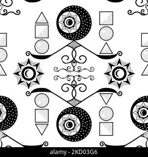 Abstract scales with geometric shapes. Seamless pattern. Black and white vector illustration Stock Vector