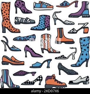 Vector illustration with set of ladies shoes. Fashionable women's footwear. Cartoon style. Stock Vector