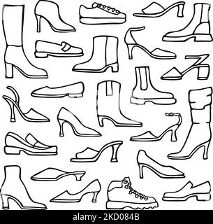 Vector illustration with collection of women's shoes. Design for coloring book. Stock Vector