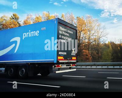 Amazon Prime delivery truck is photographed at A4 highway near Katowice, Silesia region in Poland. November 4th, 2021. (Photo by Beata Zawrzel/NurPhoto) Stock Photo