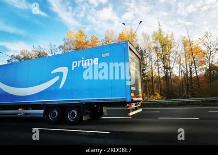 Amazon Prime delivery truck is photographed at A4 highway near Katowice, Silesia region in Poland. November 4th, 2021. (Photo by Beata Zawrzel/NurPhoto) Stock Photo