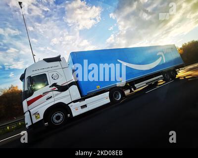 Amazon Prime delivery truck is photographed at A4 highway near Katowice, Silesia region in Poland. November 4th, 2021. (Photo by Beata Zawrzel/NurPhoto) Stock Photo