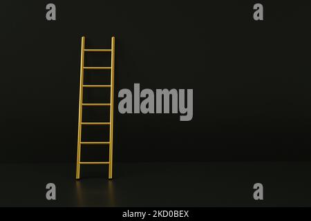 golden step ladder over black wall, 3d rendering Stock Photo