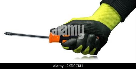 Manual worker with protective work gloves holding a phillips head screwdriver (cross shape) with plastic handle. Isolated on white background. Stock Photo