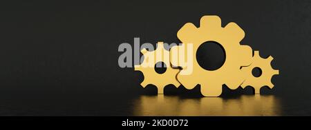 gold gears over black background, 3d render, panoramic layout Stock Photo