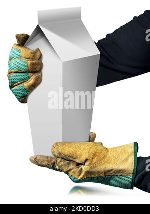 Manual worker with protective work gloves holding a white packaging, empty template of milk or juice carton. Isolated on white background. Stock Photo