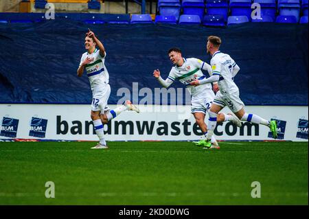 Charlie Jolley of Tranmere Rovers FC celebrates his second goal with his team mates during the Sky Bet League 2 match between Tranmere Rovers and Rochdale at Prenton Park, Birkenhead on Saturday 15th January 2022. (Photo by Ian Charles/MI News/NurPhoto)