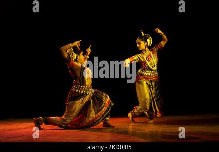 Students of the Utkal Sangeet Mahavidyalaya are performing the traditional dance of Odisha ''Odissi'' in a stage programme in the eastern Indian state Odisha's capital city Bhubaneswar, on January 17, 2022 (Photo by STR/NurPhoto) Stock Photo