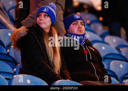 Hartlepool United fans looks on during the Sky Bet League 2 match between Carlisle United and Hartlepool United at Brunton Park, Carlisle on Tuesday 18th January 2022. (Photo by Will Matthews/MI News/NurPhoto) Stock Photo