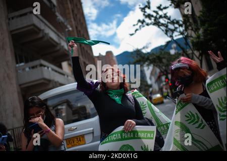 Women demonstrate in support of the decriminalization of Abortions outside the Colombian Constitutional Court house in Bogota, Colombia on January 20, 2022 (Photo by Sebastian Barros/NurPhoto) Stock Photo