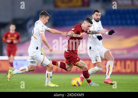 Nicolo' Zaniolo of AS Roma and Massimo Coda of US Lecce compete for the ball during the Italian Cup match between AS Roma and US Lecce at Stadio Olimpico, Rome, Italy on 20 January 2022. (Photo by Giuseppe Maffia/NurPhoto) Stock Photo