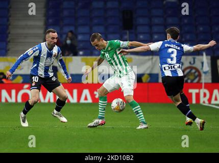 Sergi Darder, Adria Pedrosa and Sergio Canales during the match between RCD Espanyol and Real Betis Balompie, corresponding to the week 22 of the Liga Santander, played at the RCDE Stadium, in Barcelona, on 21th January 2022. -- (Photo by Urbanandsport/NurPhoto) Stock Photo