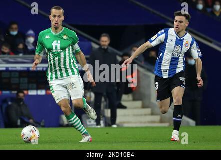 Sergio Canales and Adria Pedrosa during the match between RCD Espanyol and Real Betis Balompie, corresponding to the week 22 of the Liga Santander, played at the RCDE Stadium, in Barcelona, on 21th January 2022. -- (Photo by Urbanandsport/NurPhoto) Stock Photo