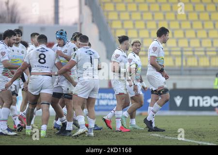 Zebre celebrate the try during the Rugby Challenge Cup Zebre Rugby Club vs Worcester Warriors on January 22, 2022 at the Sergio Lanfranchi stadium in Parma, Italy (Photo by Massimiliano Carnabuci/LiveMedia/NurPhoto) Stock Photo