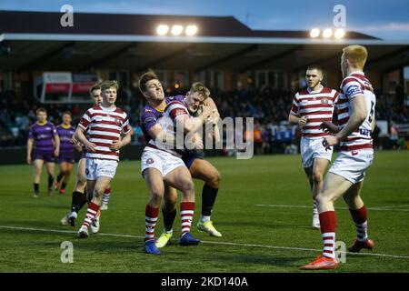 NEWCASTLE UPON TYNE, UK. JAN 23RD William Groves of Newcastle Thunder tackles James McDonnell of Wigan Warriors during the Friendly match between Newcastle Thunder and Wigan Warriors at Kingston Park, Newcastle on Saturday 22nd January 2022. (Photo by Chris Lishman/MI News/NurPhoto) Stock Photo