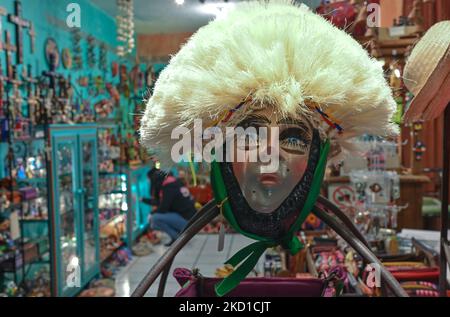 Dance-mask used for 'Danza de los Parachicos' during Chiapa de Corzo festival in January. The mask is carved from wood in the form of a human face with holes carved under the eyes and for nostrils. ribbons.On Thursday, January 27, 2022, in San Cristobal de las Casas, Chiapas, Mexico. (Photo by Artur Widak/NurPhoto) Stock Photo