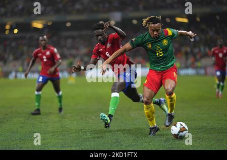 Ebrima Darboe of Gambia and Pierre Kunde of Cameroon during Cameroon versus The Gambia, African Cup of Nations, at Japoma Stadium on January 29, 2022. (Photo by Ulrik Pedersen/NurPhoto) Stock Photo