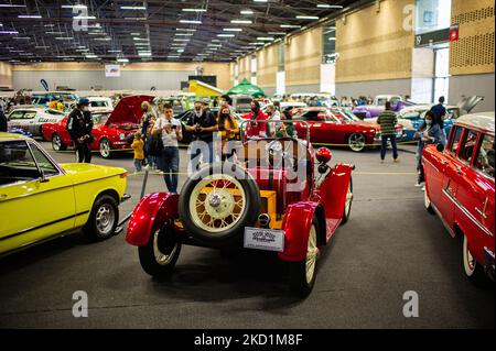 Classic, muscle and performance cars are seen in display during the MCM Show 2022 auto show in Corferias in Bogota, Colombia on January 28 and 29 2022. (Photo by Sebastian Barros/NurPhoto) Stock Photo