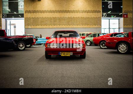 Classic, muscle and performance cars are seen in display during the MCM Show 2022 auto show in Corferias in Bogota, Colombia on January 28 and 29 2022. (Photo by Sebastian Barros/NurPhoto) Stock Photo